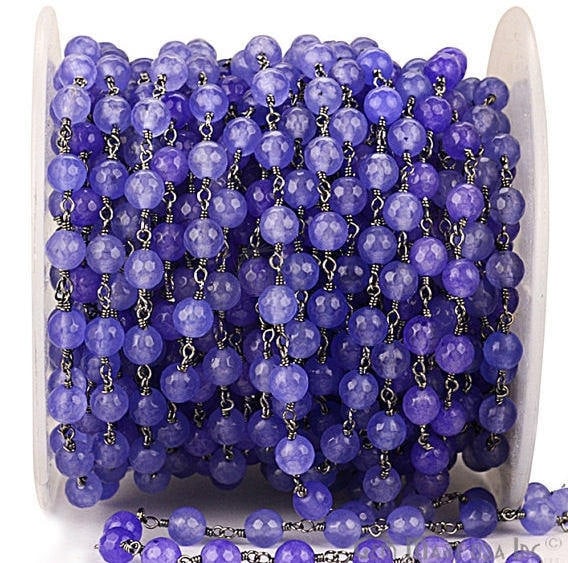 Tanzanite Jade 6mm Beads Oxidized Wire Wrapped Rosary Chain - GemMartUSA (762873774127)