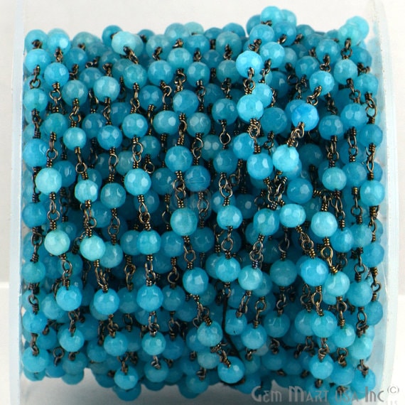 Sky Blue Jade 4mm Beads Oxidized Wire Wrapped Rosary Chain - GemMartUSA (762875871279)