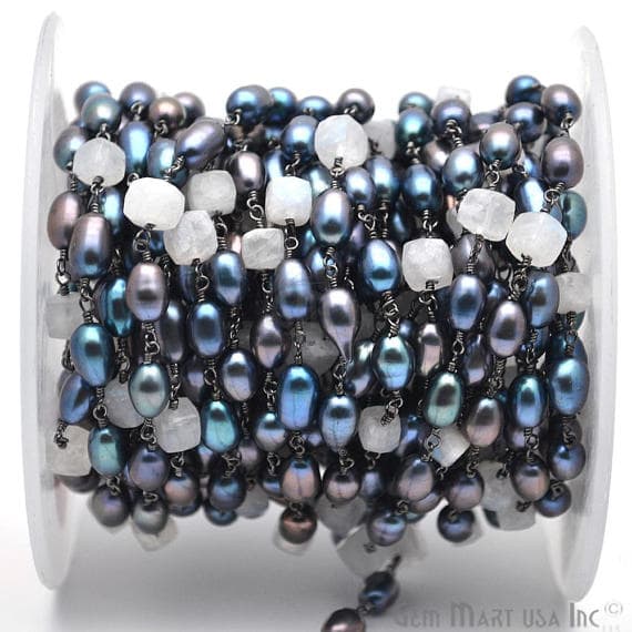 Black Pearl With Rainbow Oxidized Wire Wrapped Gemstone Beads Rosary Chain - GemMartUSA (762877575215)