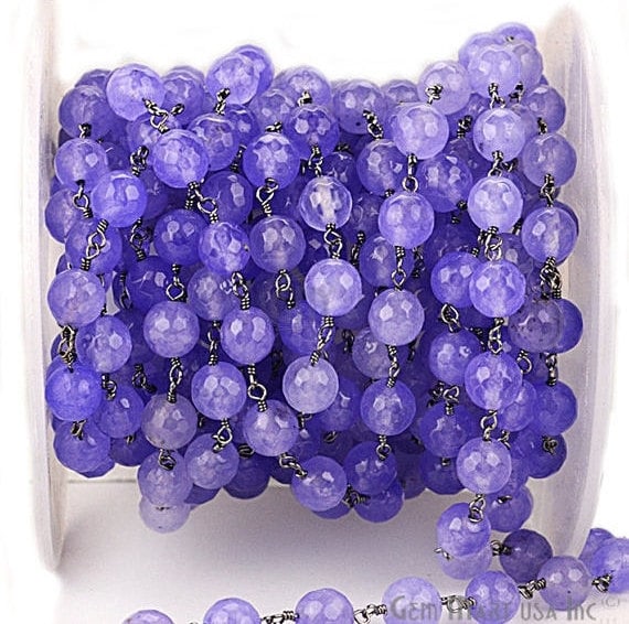 Light Lavender Jade 8mm Beads Oxidized Wire Wrapped Rosary Chain - GemMartUSA (762881343535)