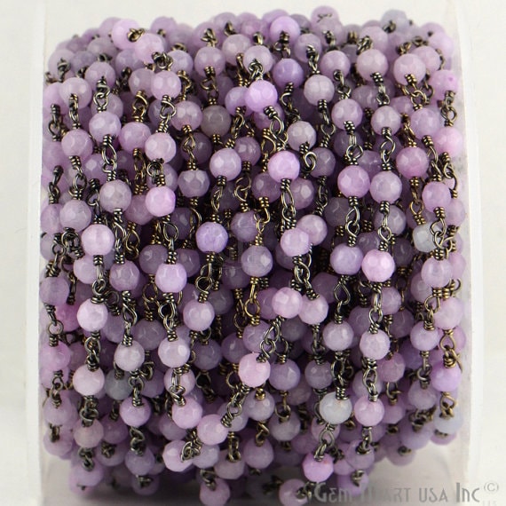 Light Lavender Jade 4mm Beads Oxidized Wire Wrapped Rosary Chain (762962477103)