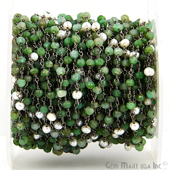 Chrysoprase With Pearl 3-3.5mm Oxidized Wire Wrapped Beads Rosary Chain (762969194543)