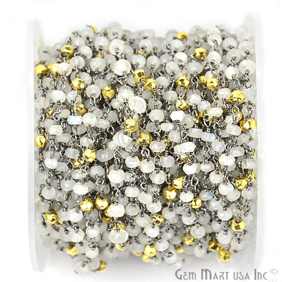 Rainbow & Golden Pyrite 3-3.5mm Oxidized Wire Wrapped Beads Rosary Chain (762980466735)
