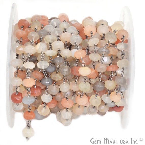 Multi Moonstone Rondelle 7-8mm Beads Chain, Oxidized Wire Wrapped Rosary Chain (762982694959)