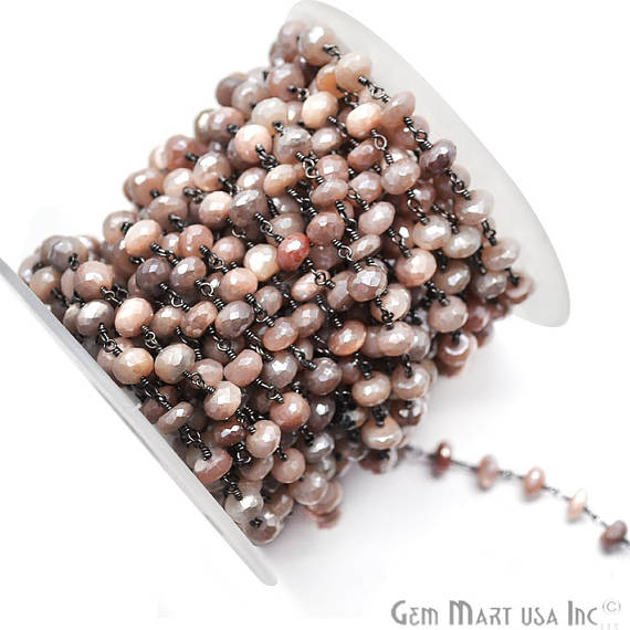 Peach MoonStone Beads Chain, Oxidized Wire Wrapped Rosary Chain (762988822575)
