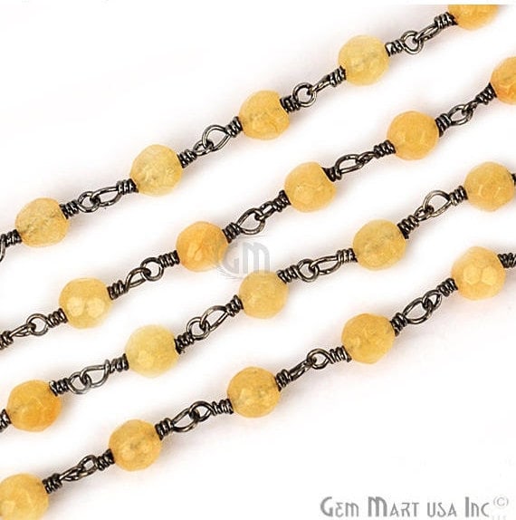 Light Caramel Jade 4mm Beads Oxidized Wire Wrapped Rosary Chain (762989871151)