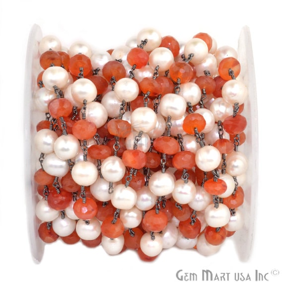 Carnelian With Pearl 7-8mm Beads Chain, Oxidized Wire Wrapped Rosary Chain (762991771695)