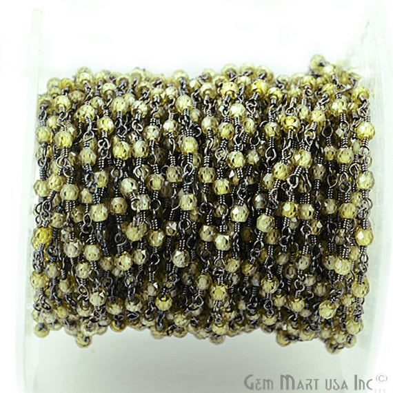 Olive Green Zircon 2.5-3mm Oxidized Wire Wrapped Rosary Chain (762997243951)