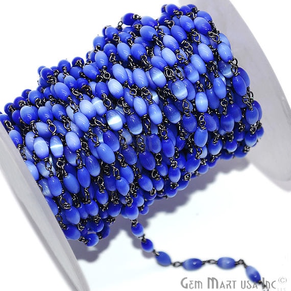 Royal Blue Monalisa Oval Rondelle Oxidized Wire Wrapped Rosary Chain - GemMartUSA (762998390831)