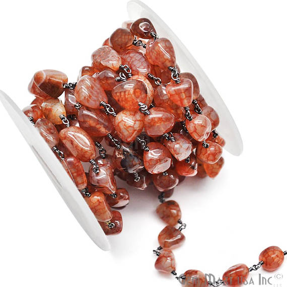 Orange Crackle Quartz 10x6mm Oxidized Wire Wrapped Beads Chain (762999504943)