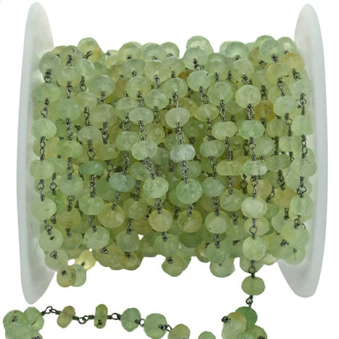 Prehnite 6-7mm Beads Chain, Oxidized Wire Wrapped Rosary Chain (763008843823)