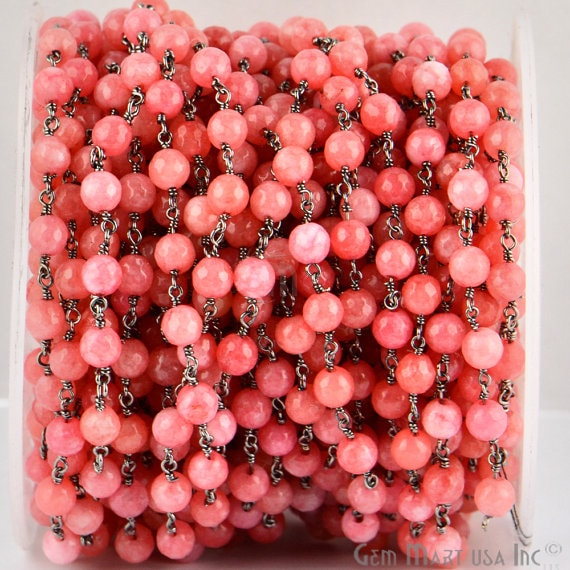 Pink Peach Jade 6mm Beads Oxidized Wire Wrapped Rosary Chain (763574452271)