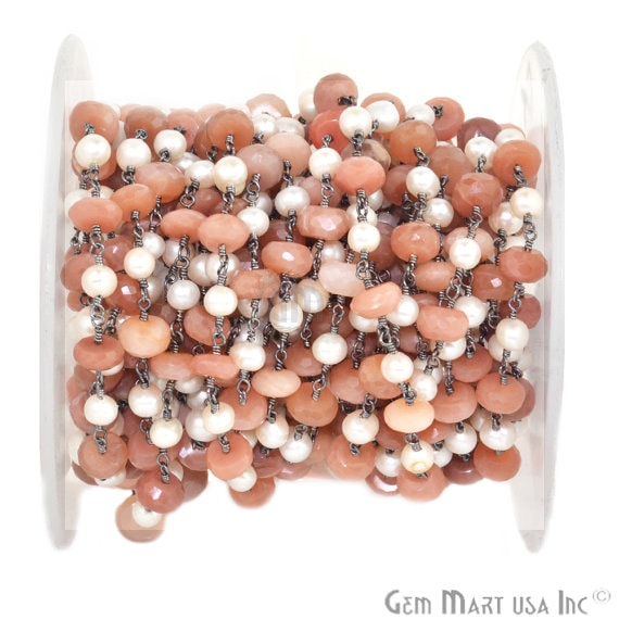 Moonstone With Pearl 5-8mm Oxidized Wire Wrapped Rosary Chain - GemMartUSA (763576614959)