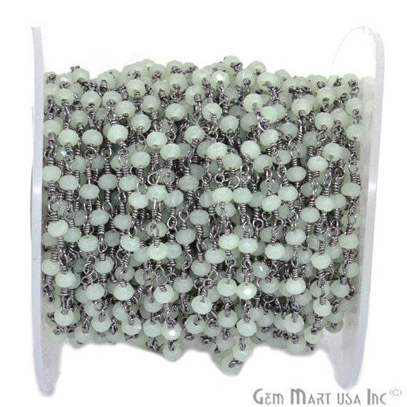 Prehnite 3-3.5mm Oxidized Plated Wire Wrapped Beads Rosary Chain (763577860143)