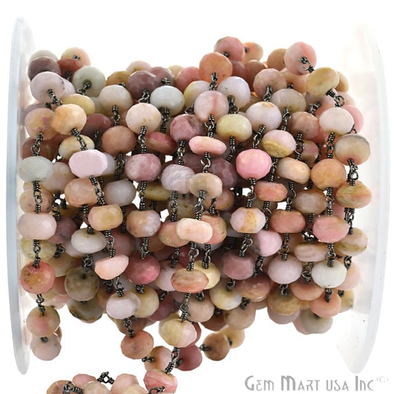 Pink Opal 7-8mm Rondelle Beads Oxidized Wire Wrapped Rosary Chain (763579400239)