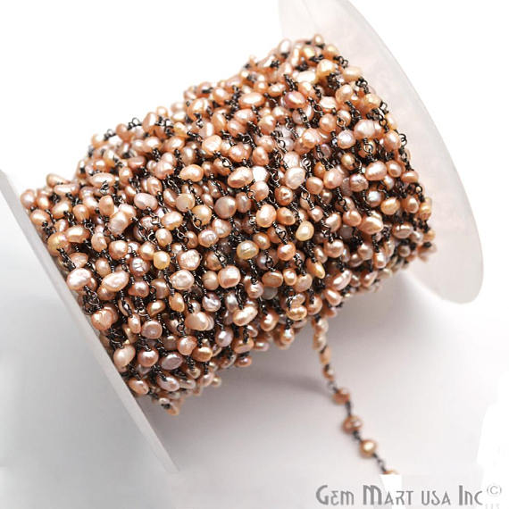 Pink Pearl Beads Chain, Oxidized Wire Wrapped Rosary Chain (763579957295)