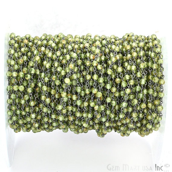 Peridot 2mm Beads Chain, Oxidized Wire Wrapped Rosary Chain (763583201327)