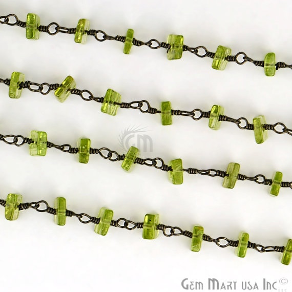 Peridot Square Shape Stone Beads Chain, Oxidized Wire Wrapped Rosary Chain (763583758383)