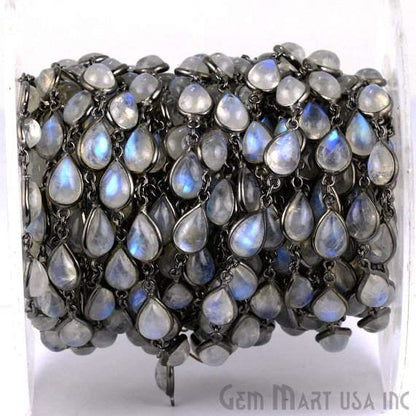 Rainbow Moonstone 8x10mm Pears Oxidized Bezel Continuous Connector Chain - GemMartUSA