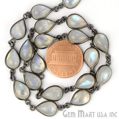 Rainbow Moonstone 8x10mm Pears Oxidized Bezel Continuous Connector Chain - GemMartUSA