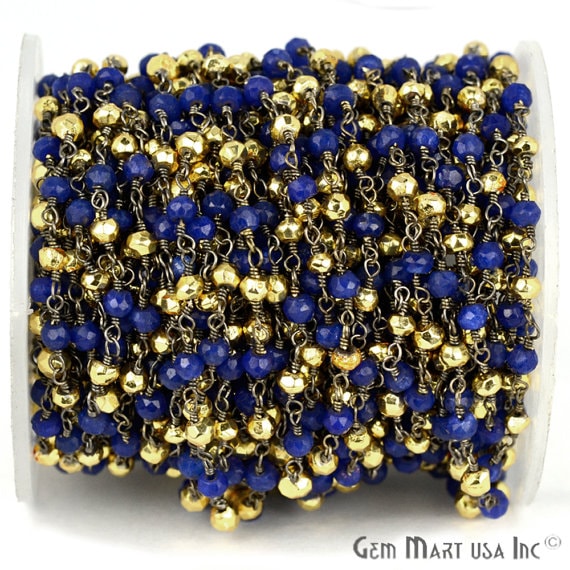 Blue Sapphire With Golden Pyrite 3-3.5mm Oxidized Wire Wrapped Beads Rosary Chain - GemMartUSA (763602436143)