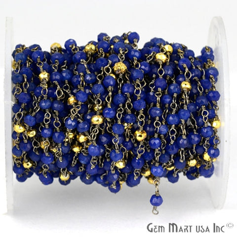 Blue Sapphire With Golden Pyrite 3-3.5mm Oxidized Wire Wrapped Beads Rosary Chain - GemMartUSA (763602829359)