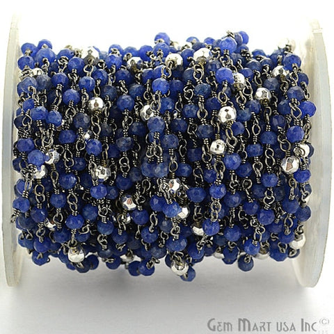 Sapphire With Silver Pyrite Oxidized Wire Wrapped Beads Rosary Chain - GemMartUSA (764421537839)
