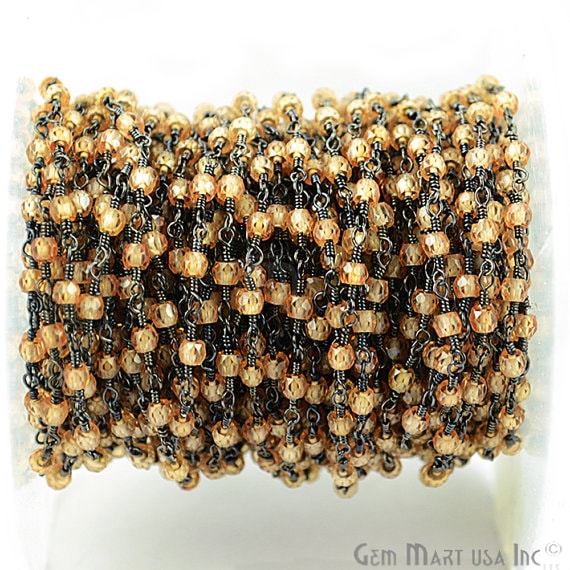 Caramel Zircon 2.5-3mm Oxidized Wire Wrapped Rosary Chain - GemMartUSA (763603910703)