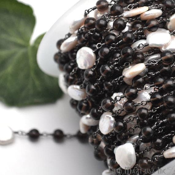 Smokey With Pearl 10mm Oxidized Wire Wrapped Beads Rosary Chain - GemMartUSA (763604697135)