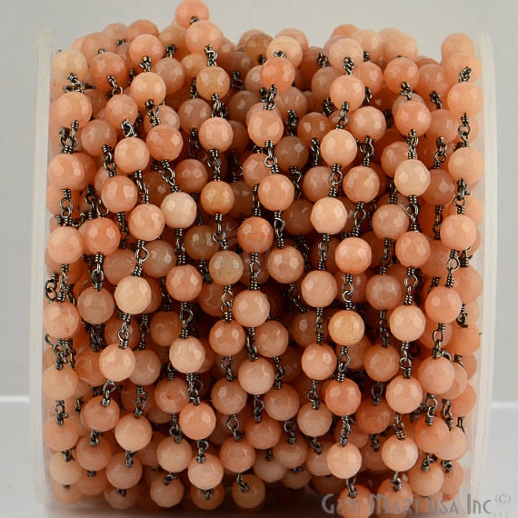 Sunstone Jade 6mm Beads Oxidized Wire Wrapped Rosary Chain - GemMartUSA (763606892591)