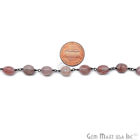 Strawberry Quartz 10x6mm Oxidized Wire Wrapped Beads Rosary Chain - GemMartUSA (763608465455)