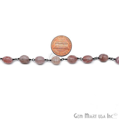 Strawberry Quartz 10x6mm Oxidized Wire Wrapped Beads Rosary Chain - GemMartUSA (763608465455)