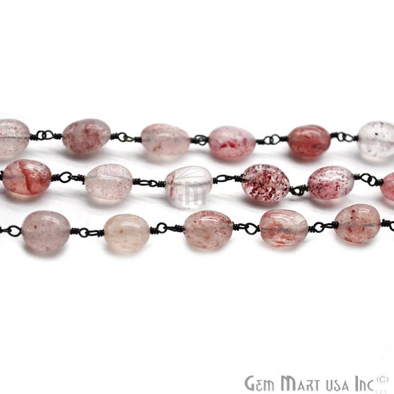 Strawberry Quartz 10x6mm Oxidized Wire Wrapped Beads Rosary Chain - GemMartUSA (763608465455)