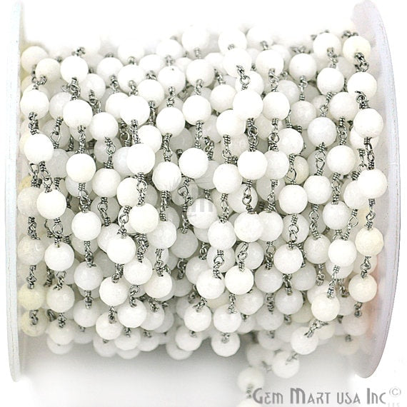 White Agate Jade 6mm Beads Oxidized Wire Wrapped Rosary Chain - GemMartUSA (763611807791)