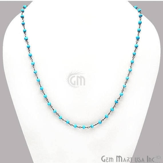 Turquoise 3-3.5mm Black Plated 18Inch Long Wire Wrapped Beads Necklace Chain - GemMartUSA