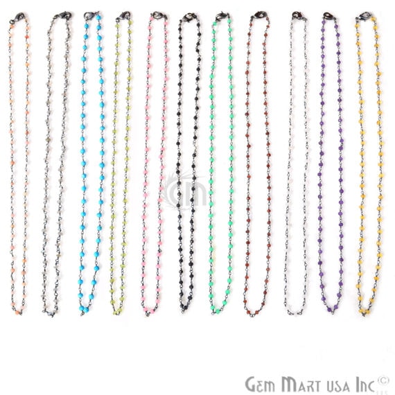 Turquoise 3-3.5mm Black Plated 18Inch Long Wire Wrapped Beads Necklace Chain - GemMartUSA