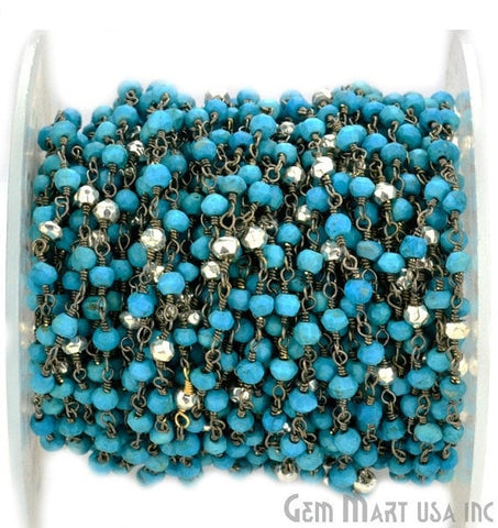 Turquoise With Silver Pyrite Oxidized Wire Wrapped Beads Rosary Chain - GemMartUSA