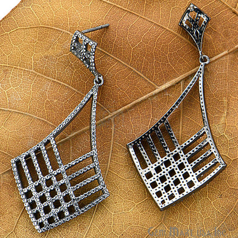 Black Plated Studded With Micro Pave White Topaz 10mm Dangle Earring - GemMartUSA