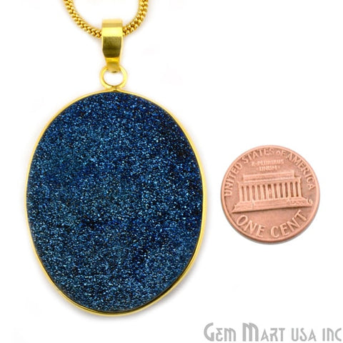 Blue Ttanium Druzy 35x49mm Gold Plated Oval Gemstone Chain Pendant - GemMartUSA