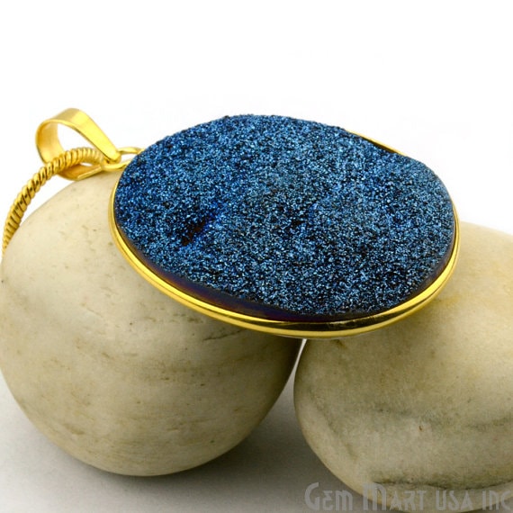 Blue Ttanium Druzy 35x49mm Gold Plated Oval Gemstone Chain Pendant - GemMartUSA