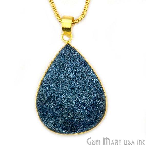Blue Ttanium Druzy 35x50mm Gold Plated Pears Gemstone Chain Pendant - GemMartUSA