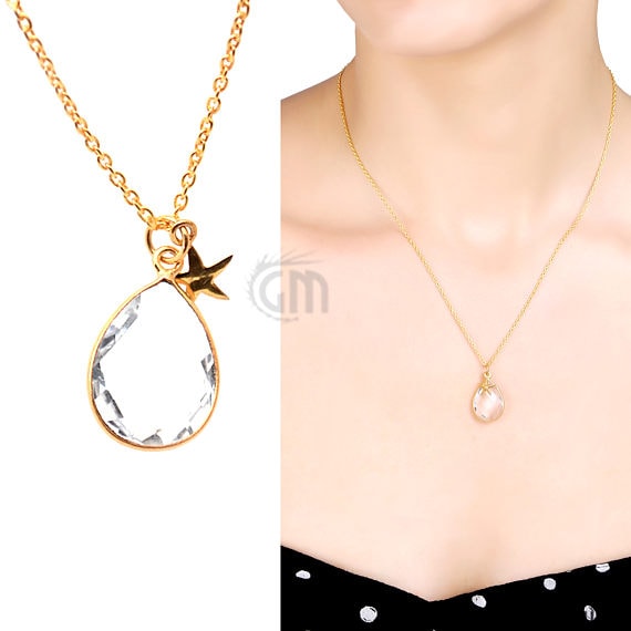 Crystal Bezel Necklace Gold Plated Star Charm Chain Pendant, 10x7mm Gold Plated Necklace Pendant - GemMartUSA (755174047791)