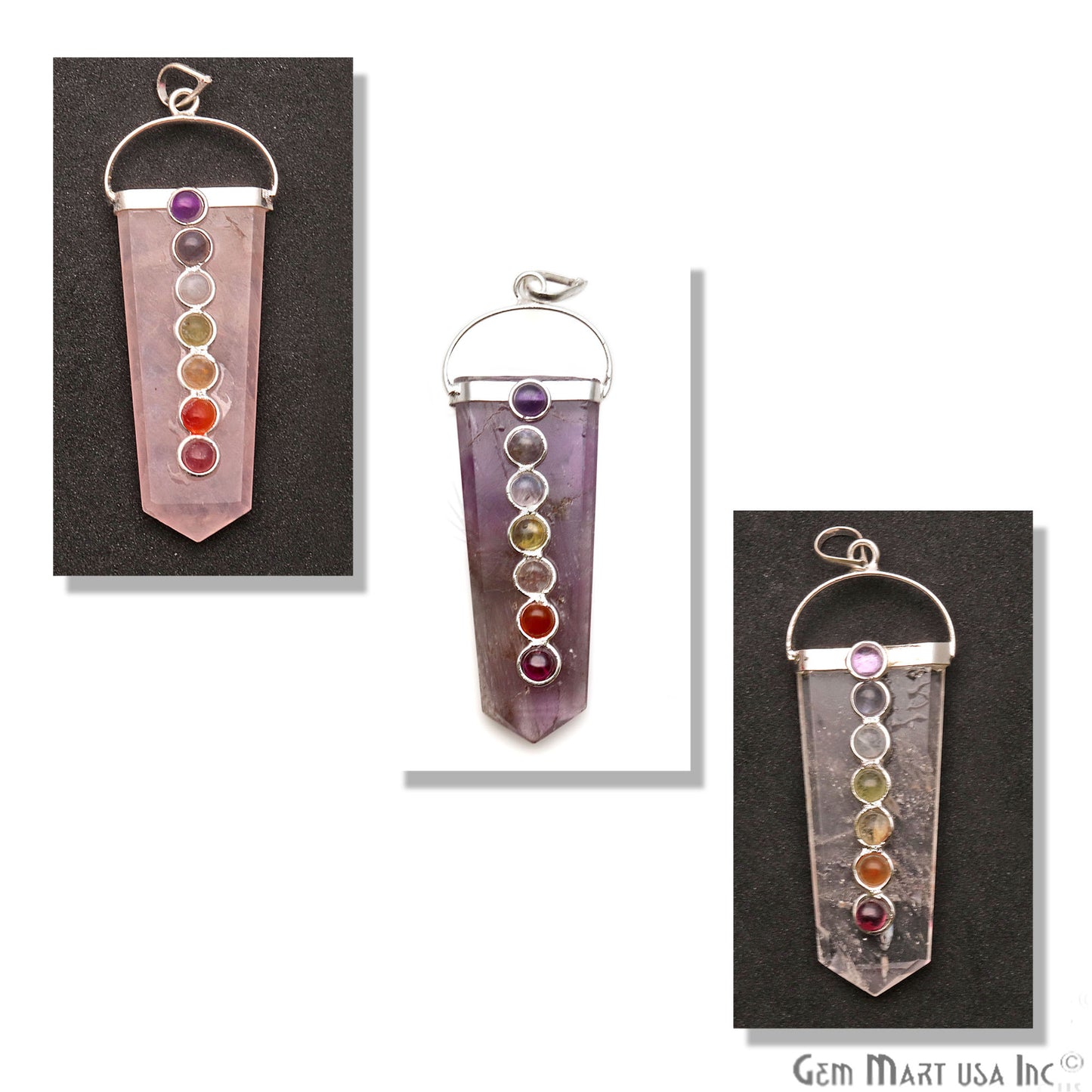 Handcrafted Crystal, 61x21mm Seven Chakra Pendant, Healing Pendant, Silver Plated Pendant, Single Bail - GemMartUSA