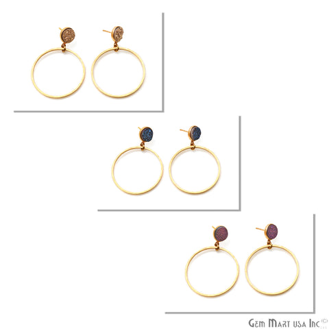 Round Druzy 43x30mm Gold Plated Dangle Hoop Stud Earring (Pick Color) - GemMartUSA