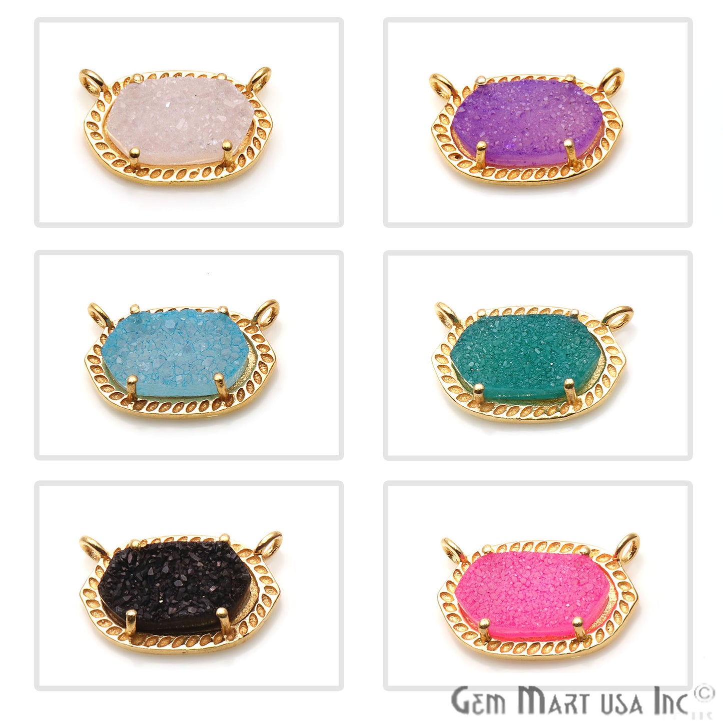 Druzy Hexagon 22x14mm Gold Plated Cat Bail Pendant Connector (Pick Color) - GemMartUSA