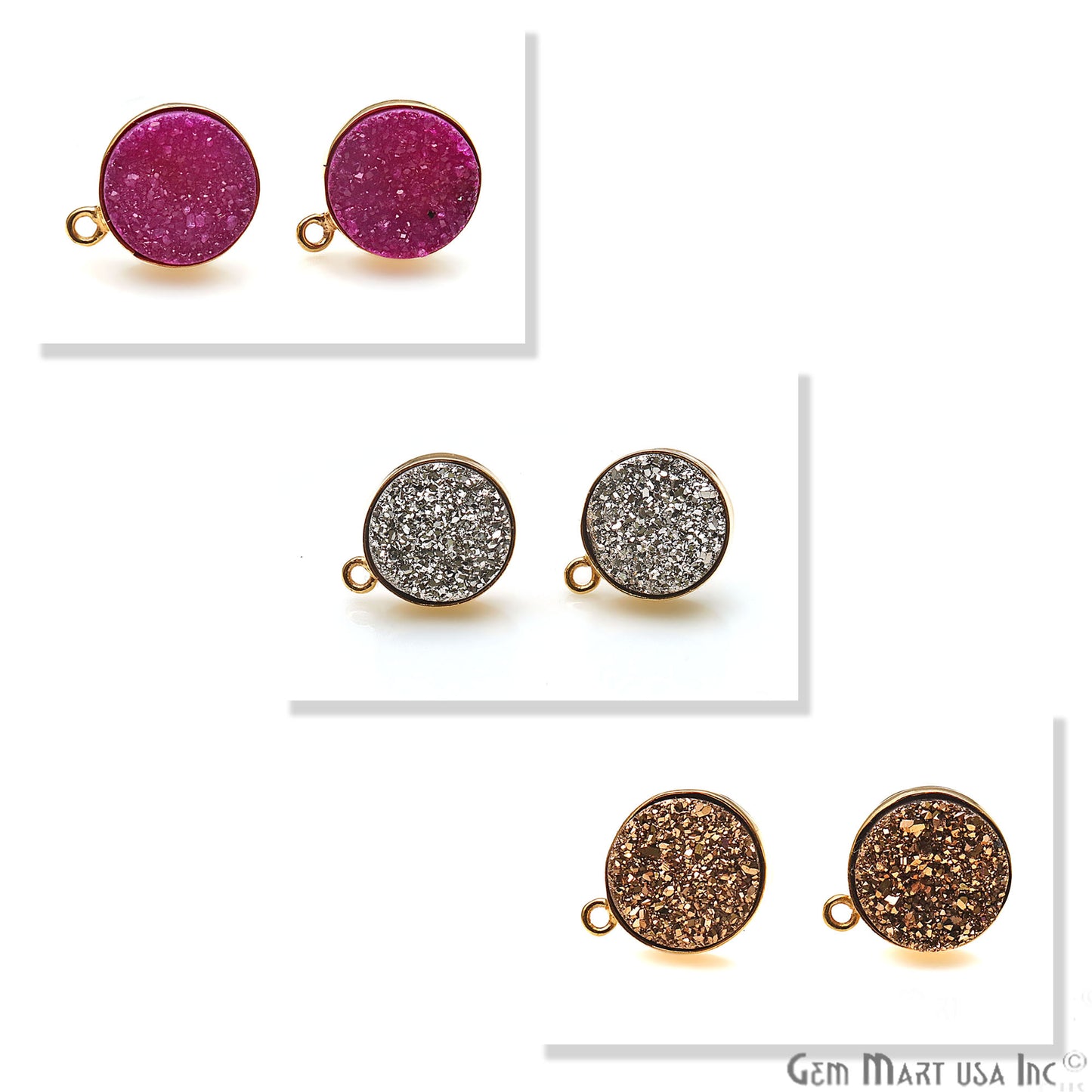 DIY Round Druzy 12mm Single Bail Gold Plated Bezel Setting Stud (Pick Color) - GemMartUSA