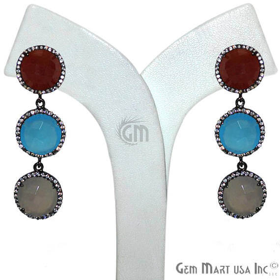 Multicolor Gemstone & Cubic Zirconia Pave 52x15mm Black Plated Gemstone Dangle Stud Earring - GemMartUSA