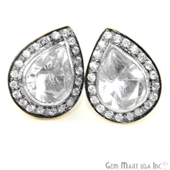 Polki Diamond & Cubic Zirconia Pave Pears Shape 17x13mm Gold Vermeil Stud Earring - GemMartUSA