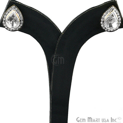 Polki Diamond & Cubic Zirconia Pave Pears Shape 17x13mm Gold Vermeil Stud Earring - GemMartUSA