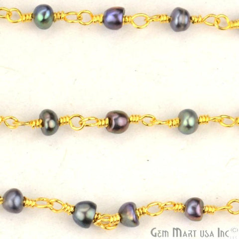 Black Pearl Gold Plated Wire Wrapped Beads Rosary Chain (763640643631)